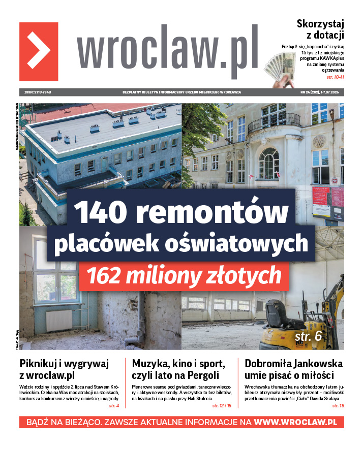 Zdjecie okładki biuletynu - Kolaż czterech zdjęć przedstawiających budynek szkoły, zniszczoną elewację i prace remontowe