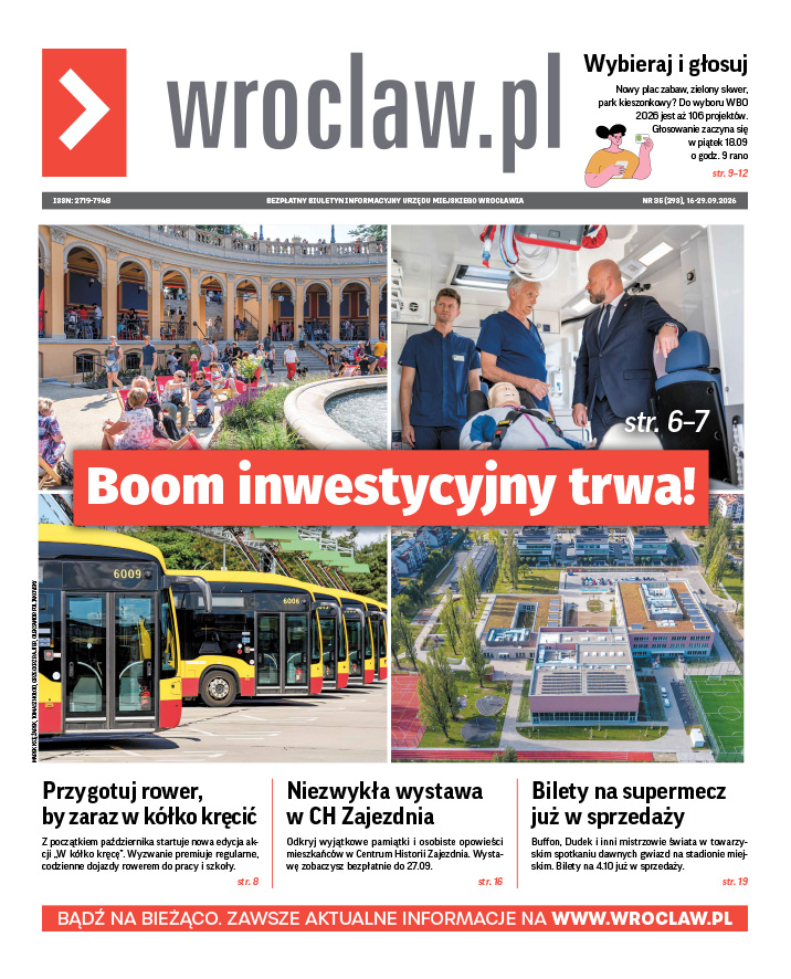 Zdjecie okładki biuletynu - Kolaż czterech zdjęć przedstawiających zrewitalizowany Bastion Sakwowy, prezentację sprzętu medycznego, nowe autobusy miejskie oraz widok z lotu ptaka na Zespół Szkolno-Przedszkolny przy ul. Zwycięskiej we Wrocławiu