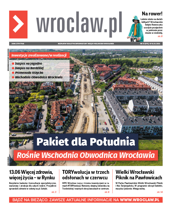 Zdjecie okładki biuletynu - Zdjęcie lotnicze przedstawia budowę odcinka Wschodniej Obwodnicy Wrocławia, przebiegającego przez środek osiedla mieszkaniowego. Na rozkopanym, piaszczystym pasie ziemi widać rozmieszczone maszyny budowlane i materiały konstrukcyjne
