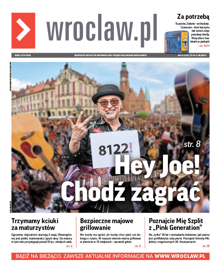Zdjecie okładki biuletynu - Gitarzysta Leszek Cichoński w ciemnym kapeluszu i przyciemnionych okularach trzyma kartkę , na której jest napis 8122, a w tle tłum ludzi i Sukiennice we Wrocławiu; po jego lewej stronie wzniesiona do góry gitara akustyczna