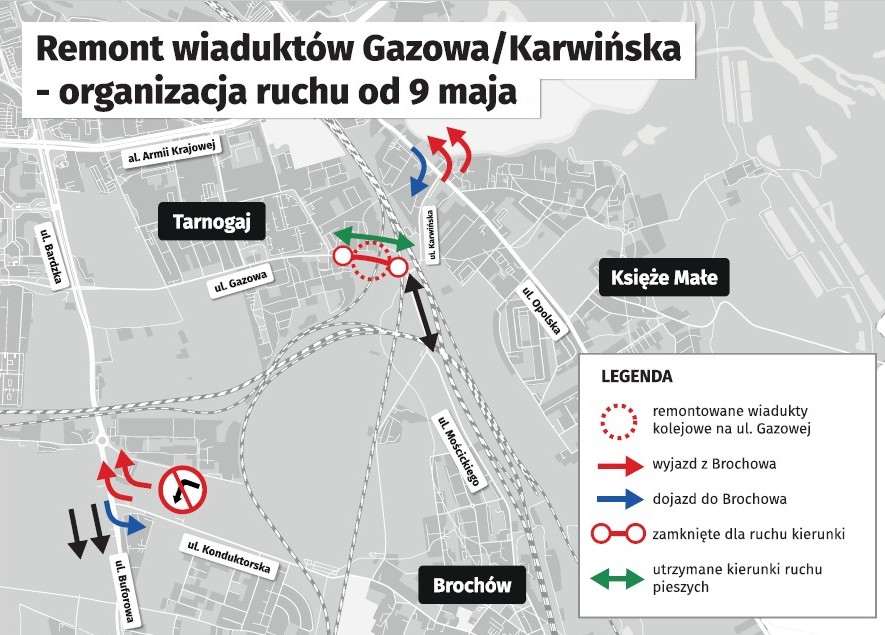 Mapa przedstawia objazdy związane z zamknięciem przejazdu przez ulicę Gazową
