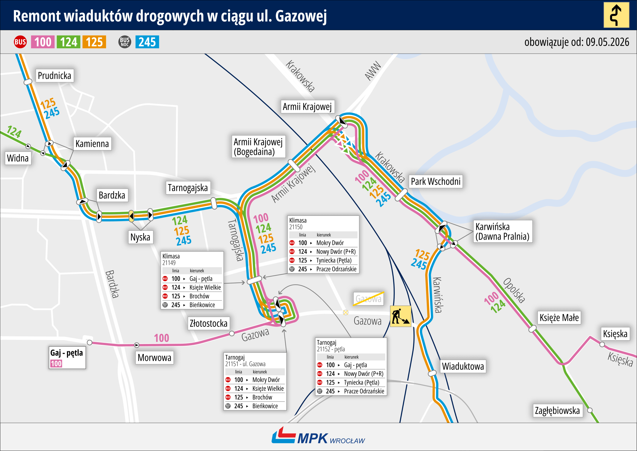 Mapa przedstawia zmienione trasy autobusów