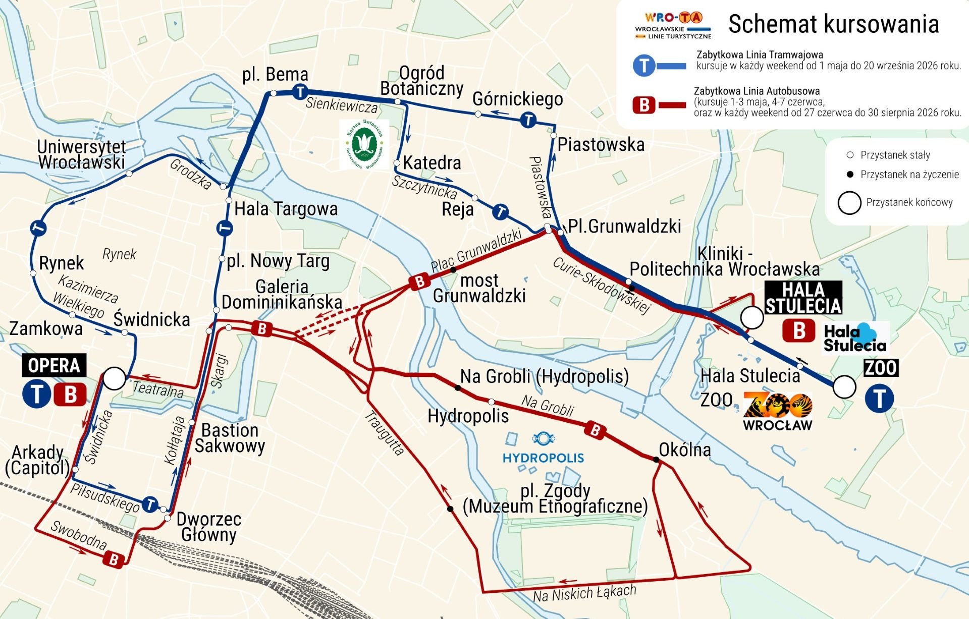 Mapa przedstawia trasy Wrocławskich Linii Turystycznych