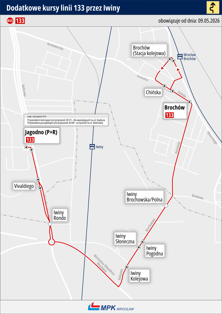 Mapa przedstawia trasę linii 133 - dodatkowe kursy w dni robocze