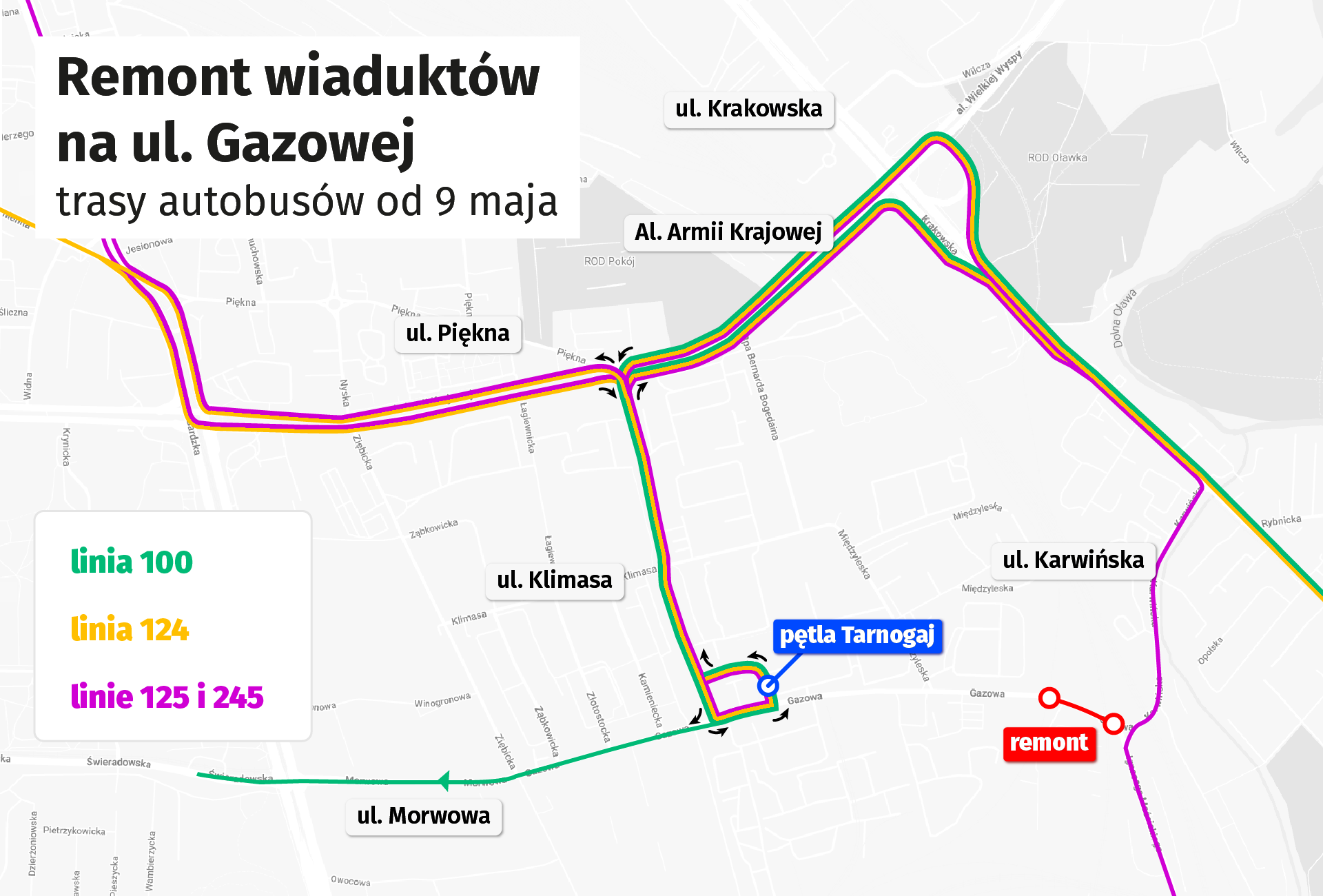 Mapa przedstawia zmienione trasy autobusów miejskich