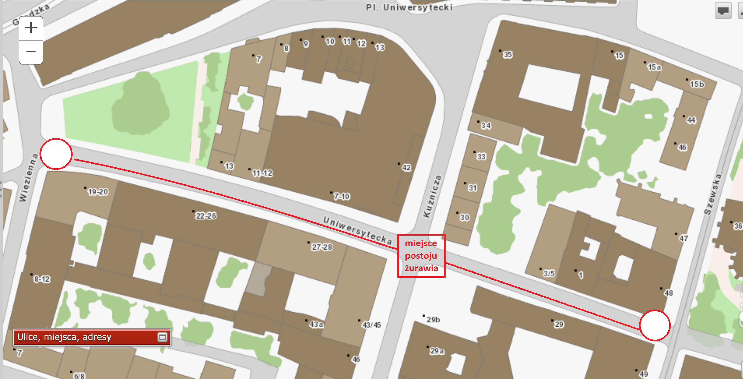 Mapa przedstawia ulicę Uniwersytecką i miejsce pracy żurawia