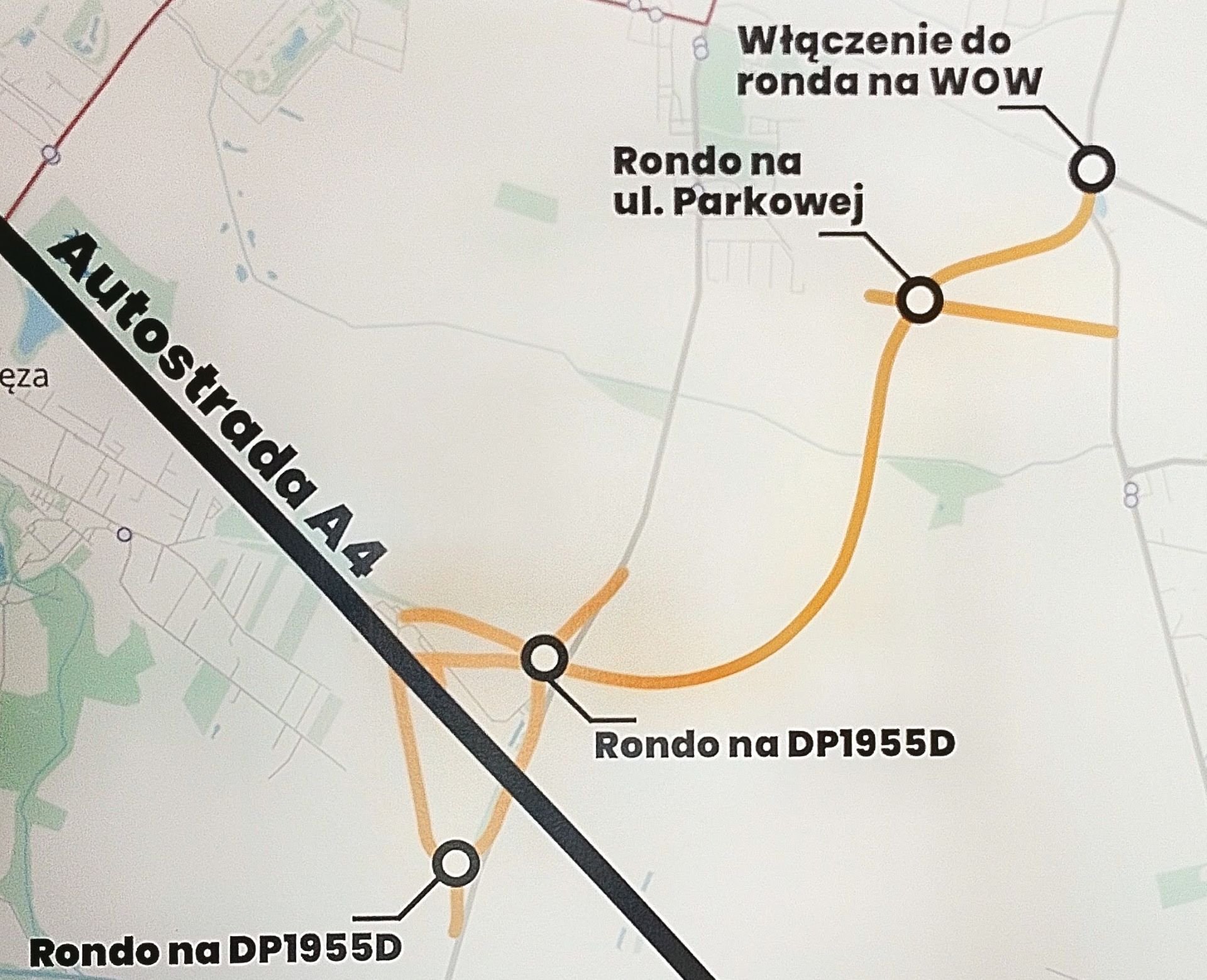 Mapa przedstawia przebieg planowanej drogi, która połączy A4 z WOW