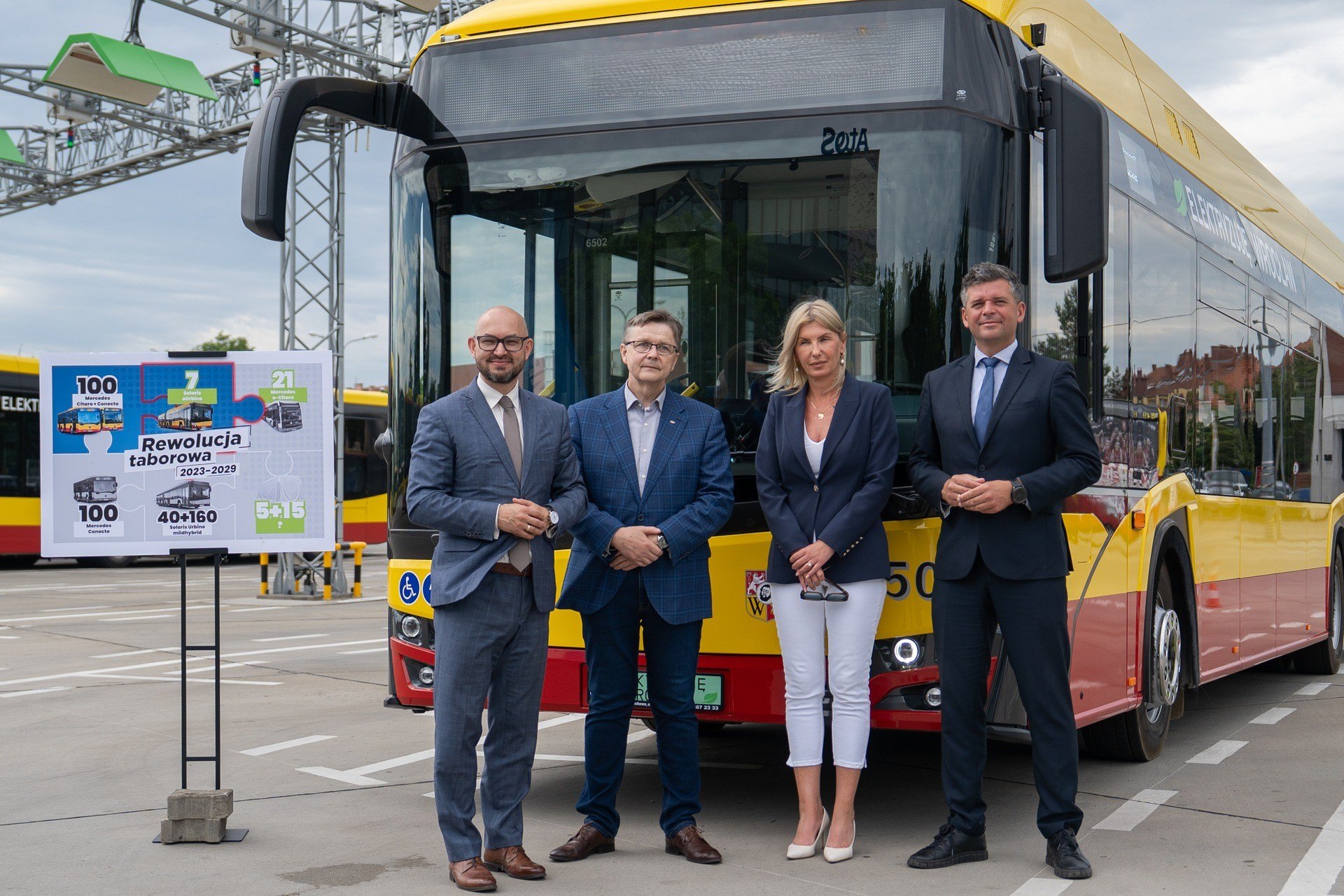 Prezes MPK Witold Woźny, dyrektor sprzedaży Solaris Bus & Coach Waldemar Wlazło, członek zarządu MPK Renata Granowska i wiceprezes MPK Przemysław Nowicki przed nowym Solarisem Urbino 12 Elektric na zajezdni Obornicka