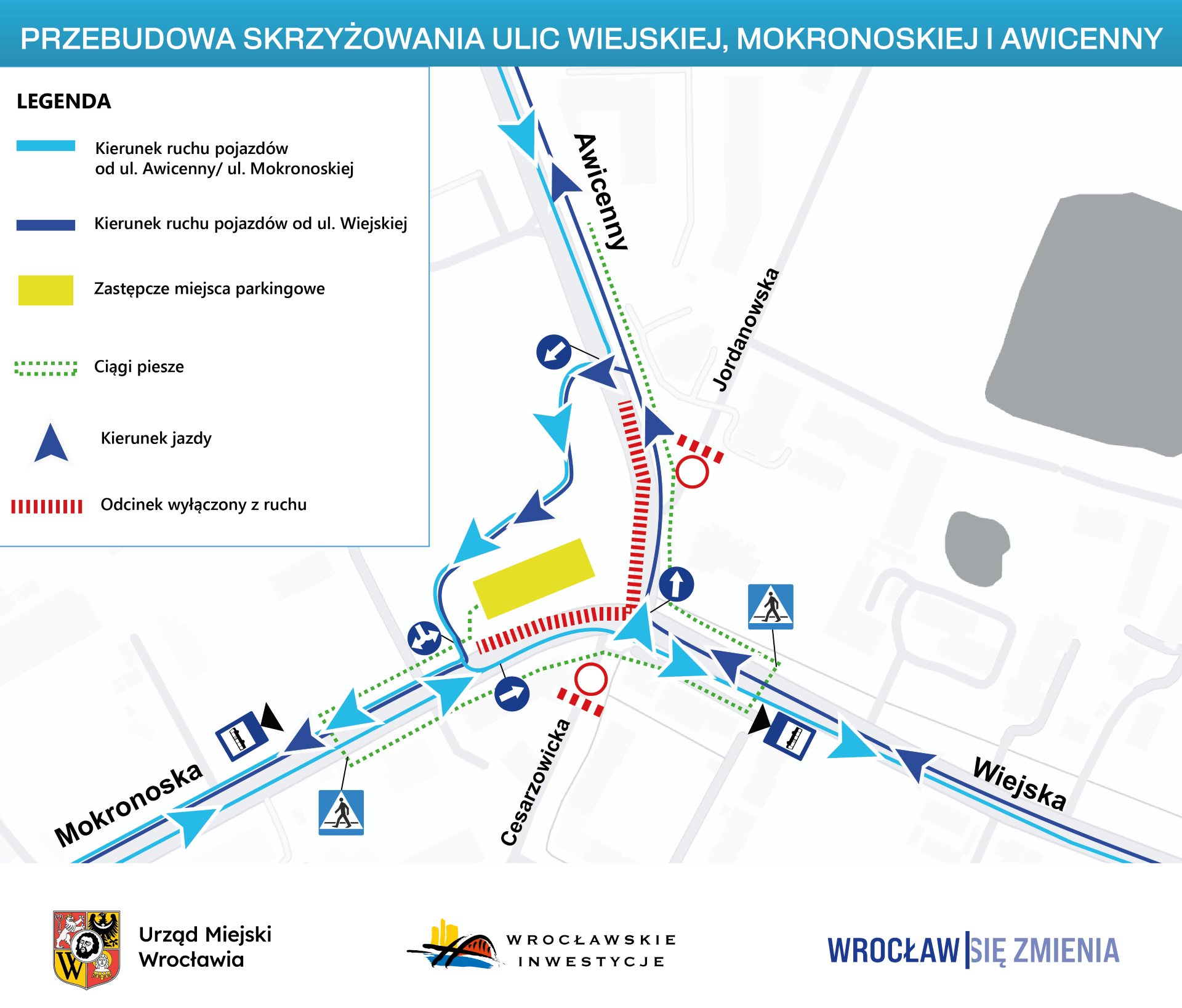 Mapa przedstawia zmienioną organizację ruchu na skrzyżowaniu ulic Wiejskiej, Mokronoskiej i Awicenny