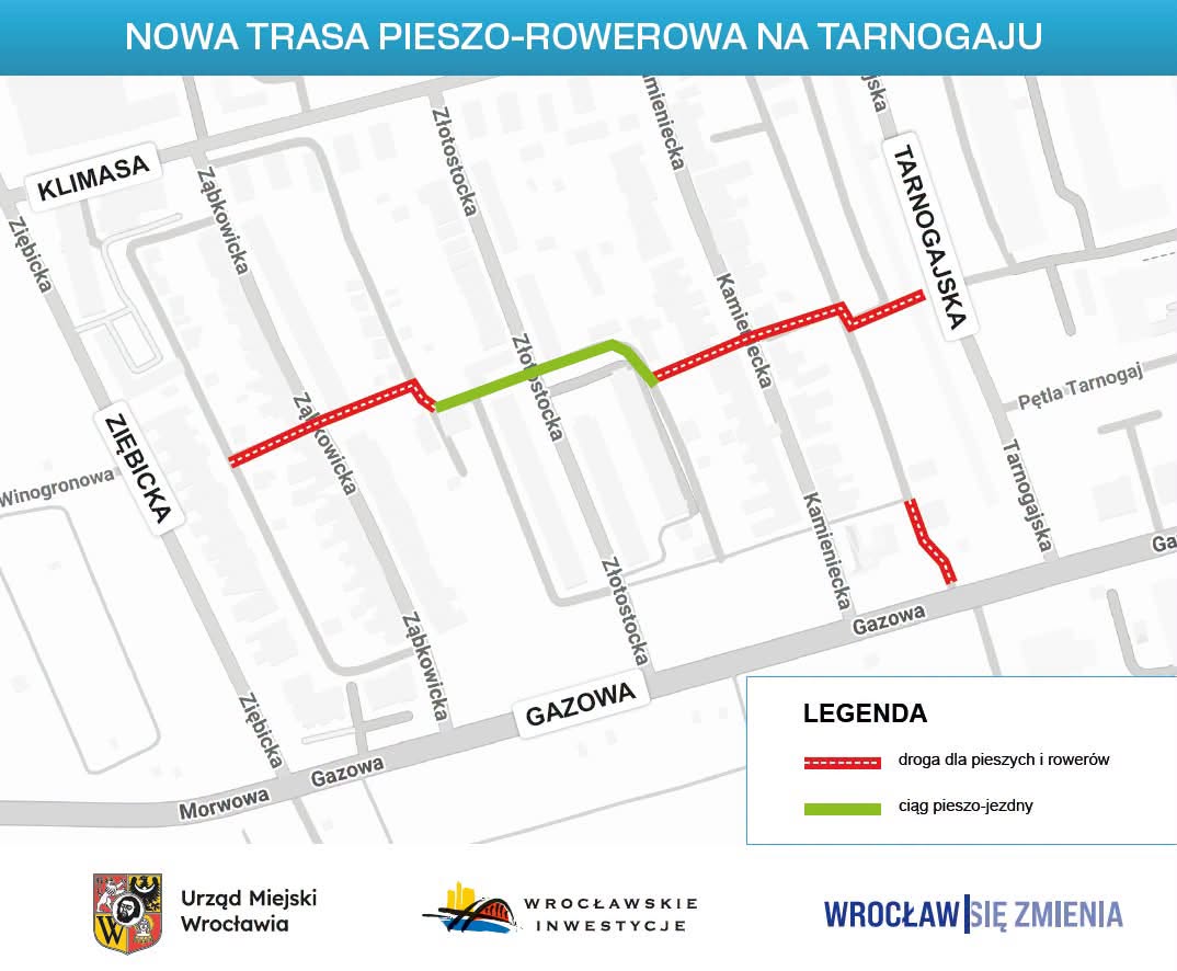 Mapa przedstawia przebieg trasy od ul. Tarnogajskiej do ul. Ząbkowickiej