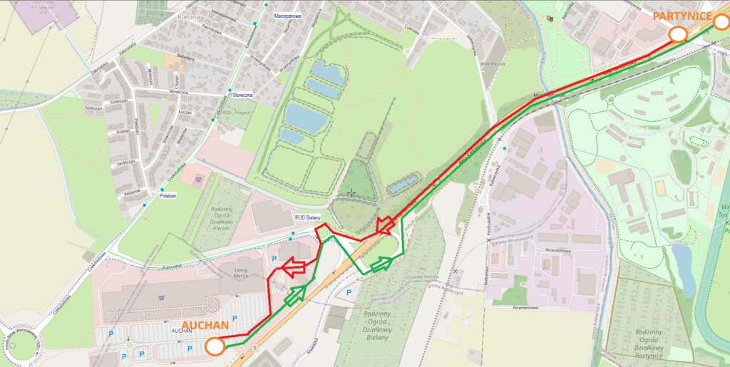 Mapa trasy linii S7 - trasa na parking przy Auchan