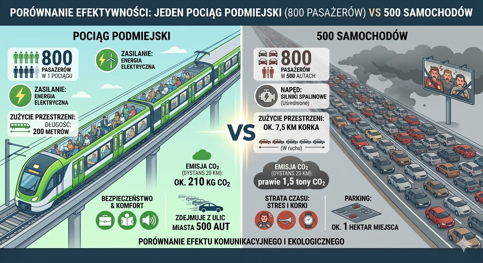 Grafika porównuje pociąg z samochodami