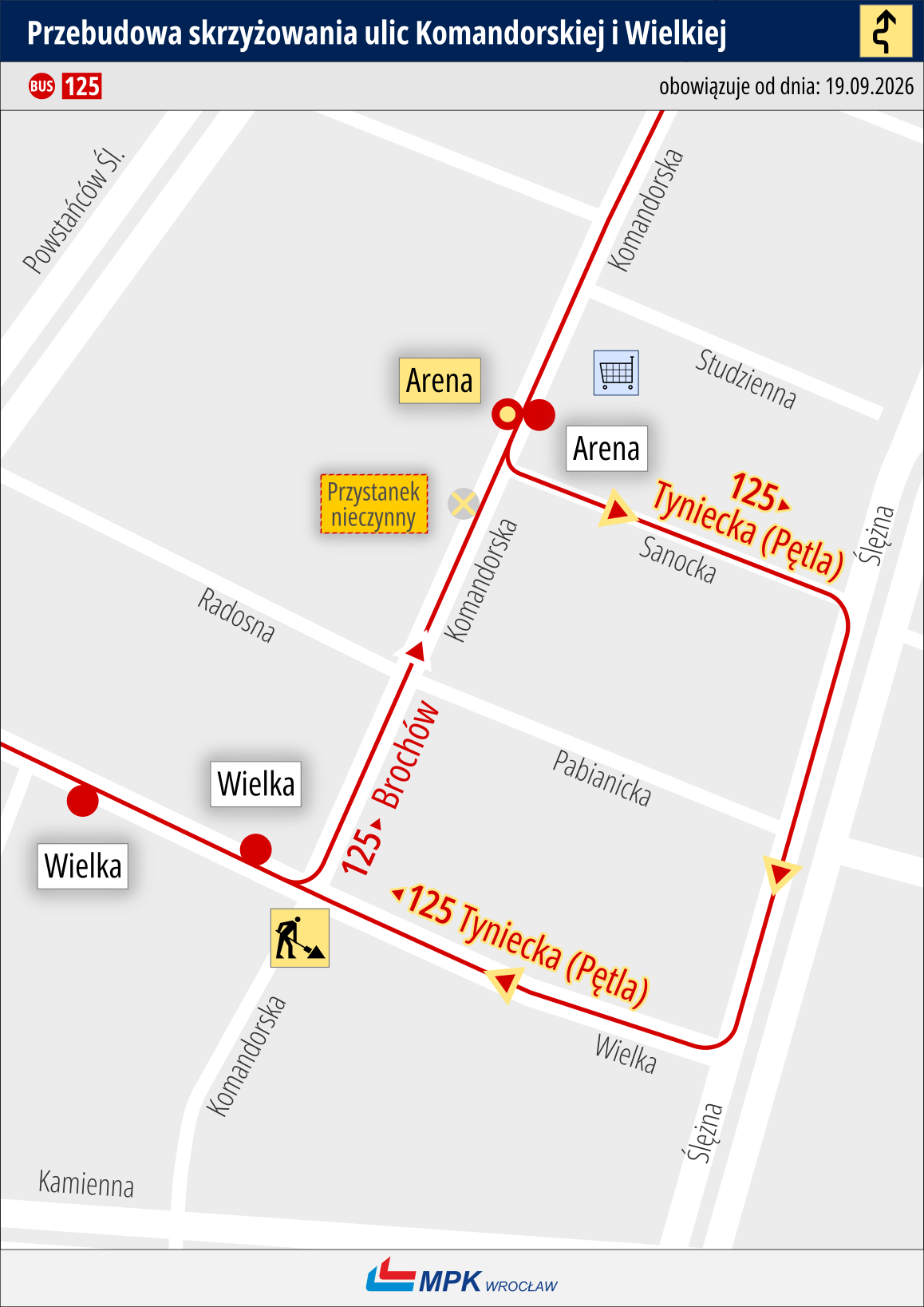 Mapa przedstawia zmieniona trasę autobusu 125