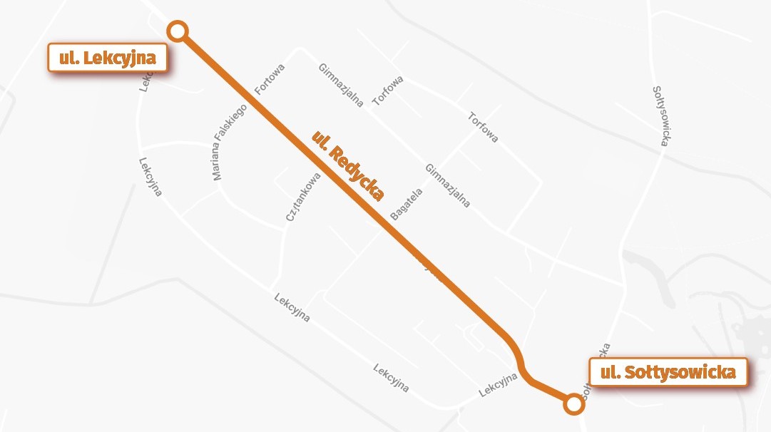 Mapa przedstawia wyremontowany odcinek ulicy Redyckiej