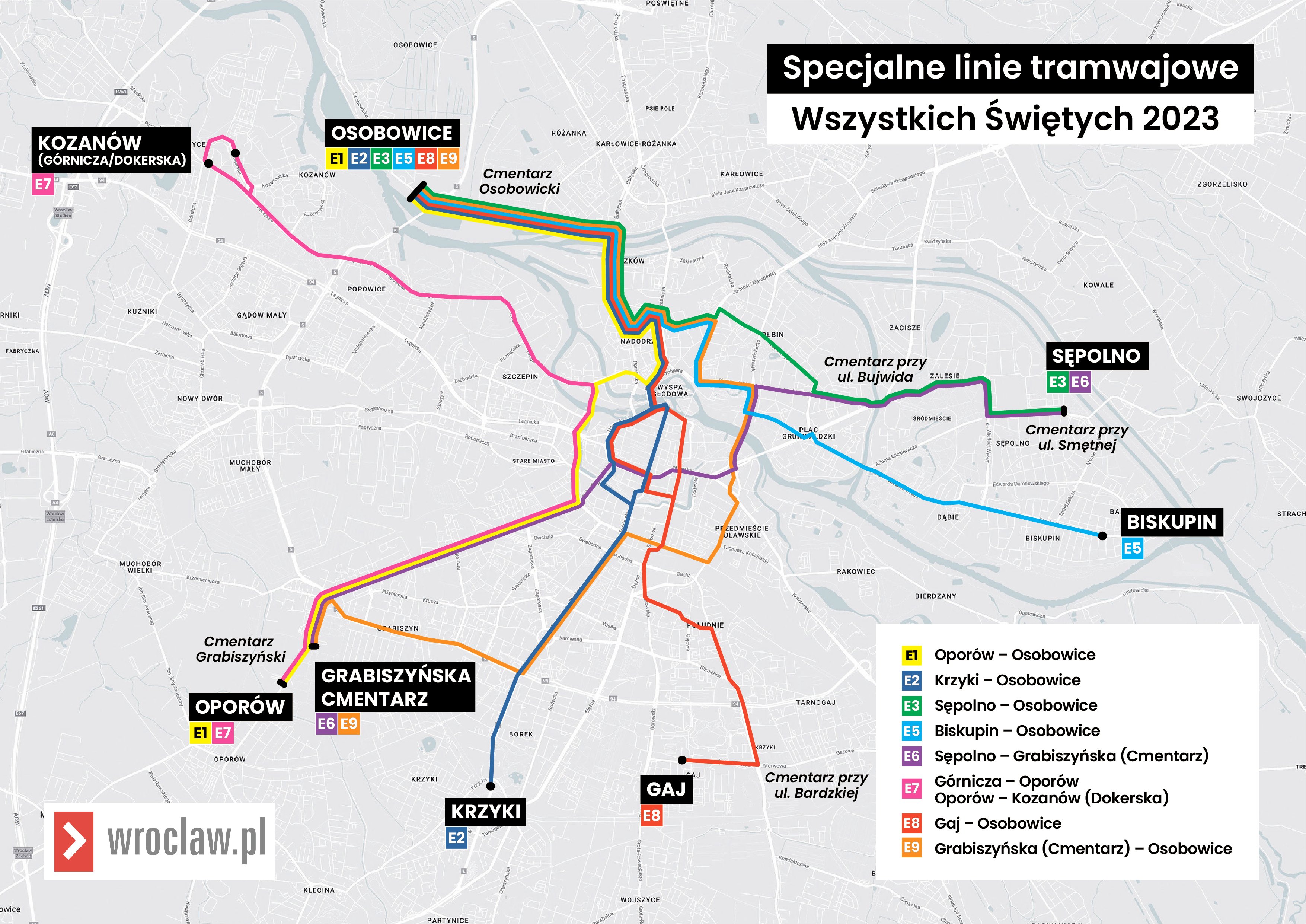 1 listopada 2023 - schemat specjalnych linii tramwajowych kursujących we Wszystkich Świętych.