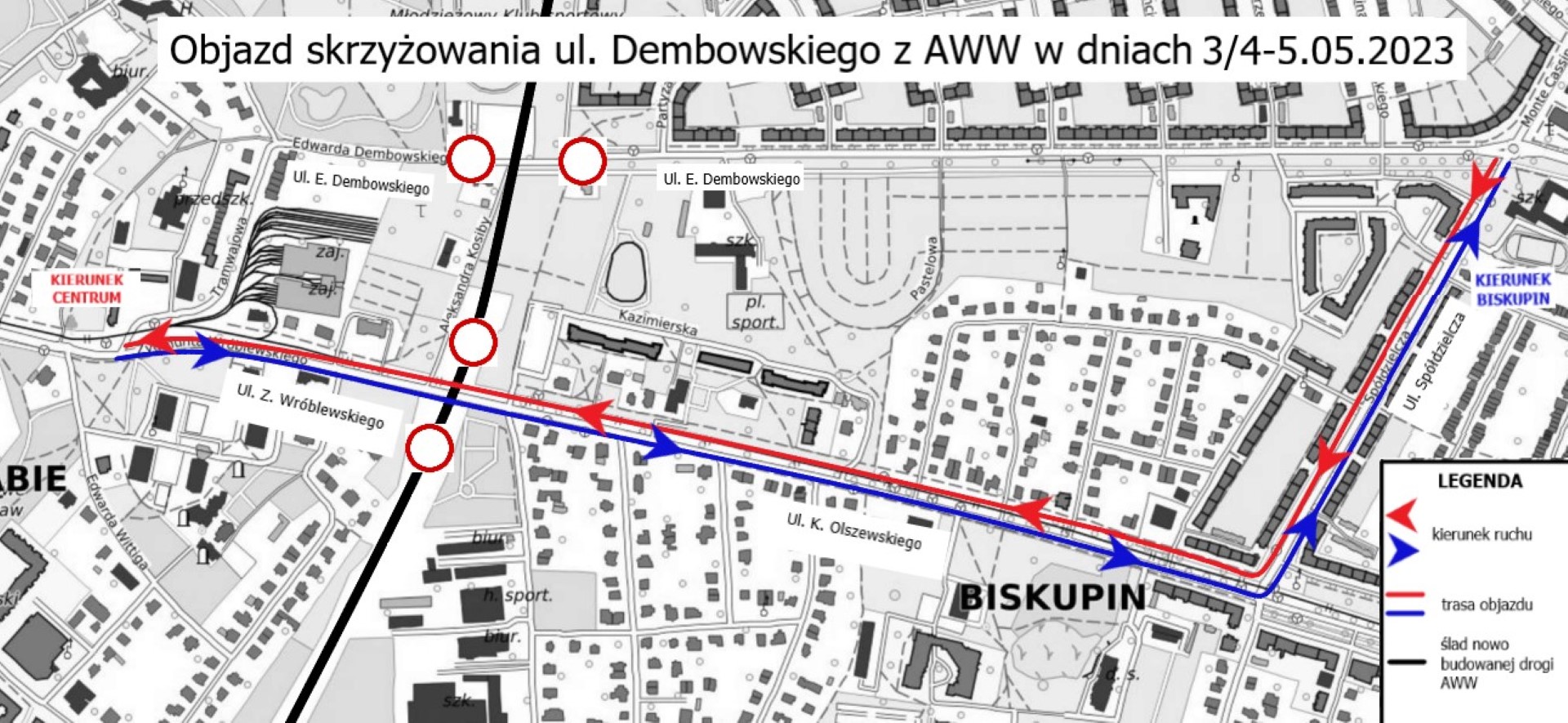 Mapa przedstawiająca objazd zamokniętej ulicy Dembowskiego. Kierowcy i pasażerowie autobusów jeździć będą ul. Olszewskiego i Spółdzielczą.