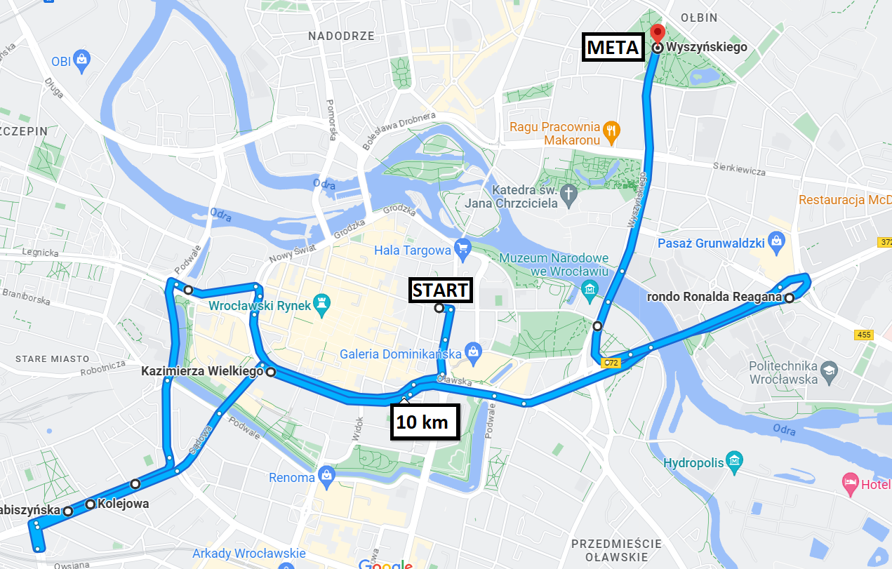 Trasa niedzielnego przejazdu rowerzystów przez Wrocław.