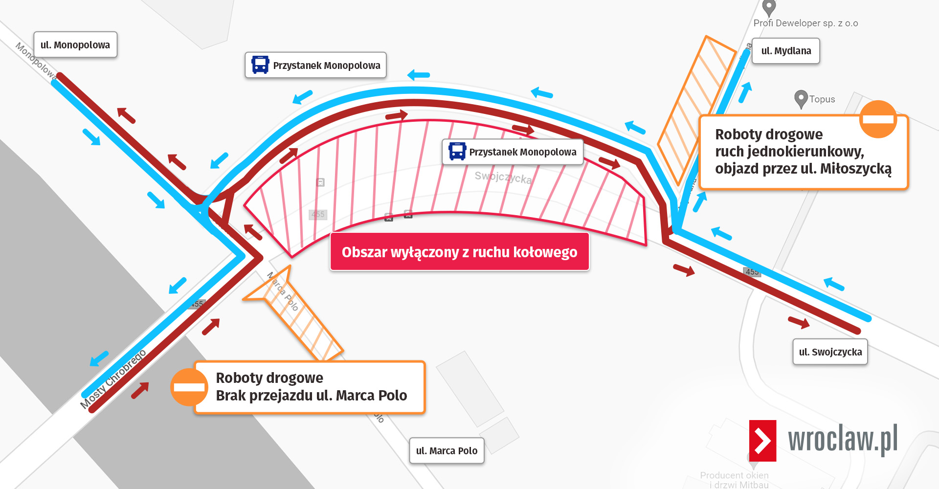 Mapa przedstawiająca zmianę organizacji ruchu związaną z przebudową skrzyżowania Mydlanej i Swojczyckiej.