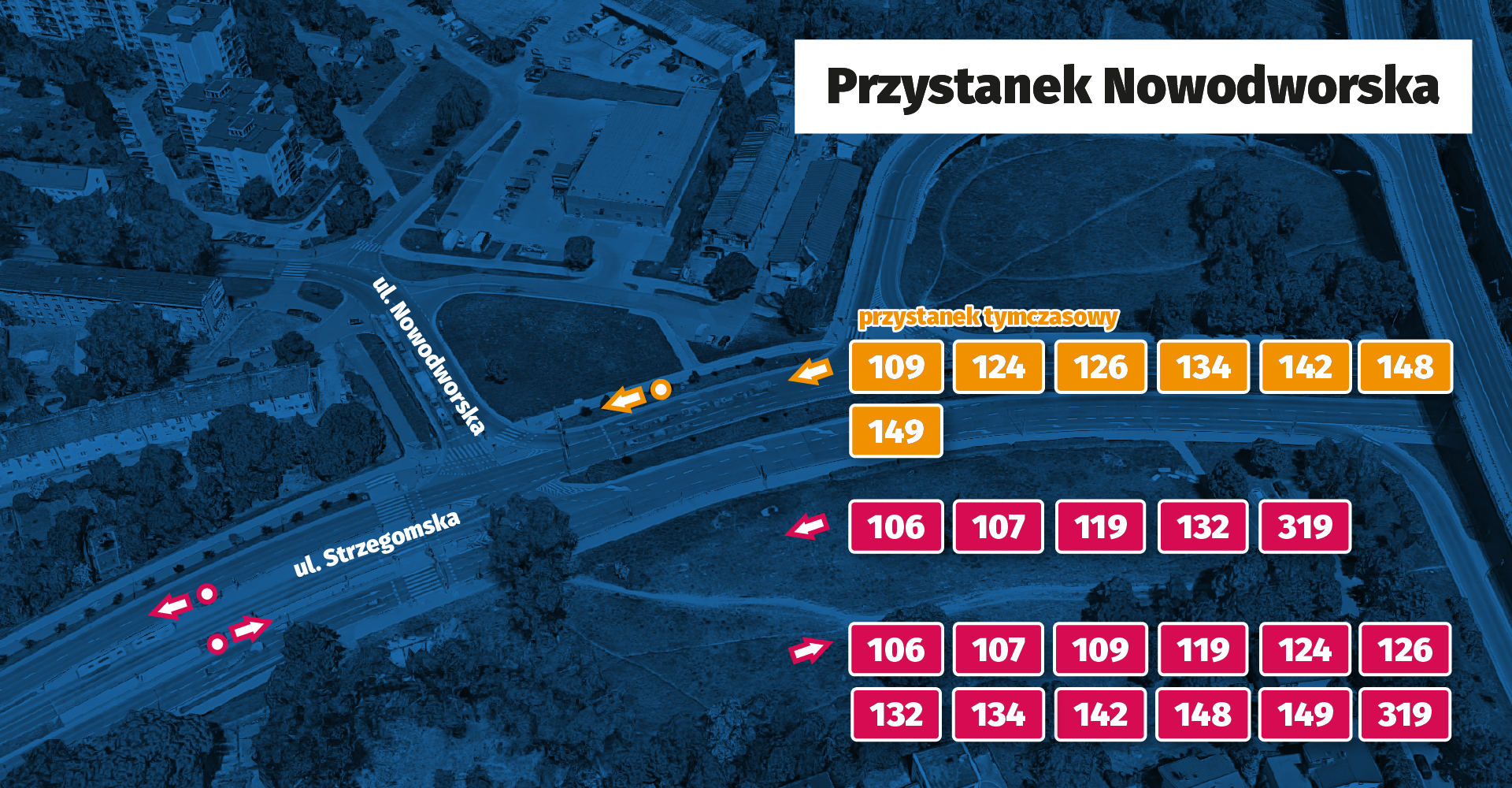 Mapa wskazuje usytuowanie nowych przystanków na wysokości ul. Nowodworskiej.