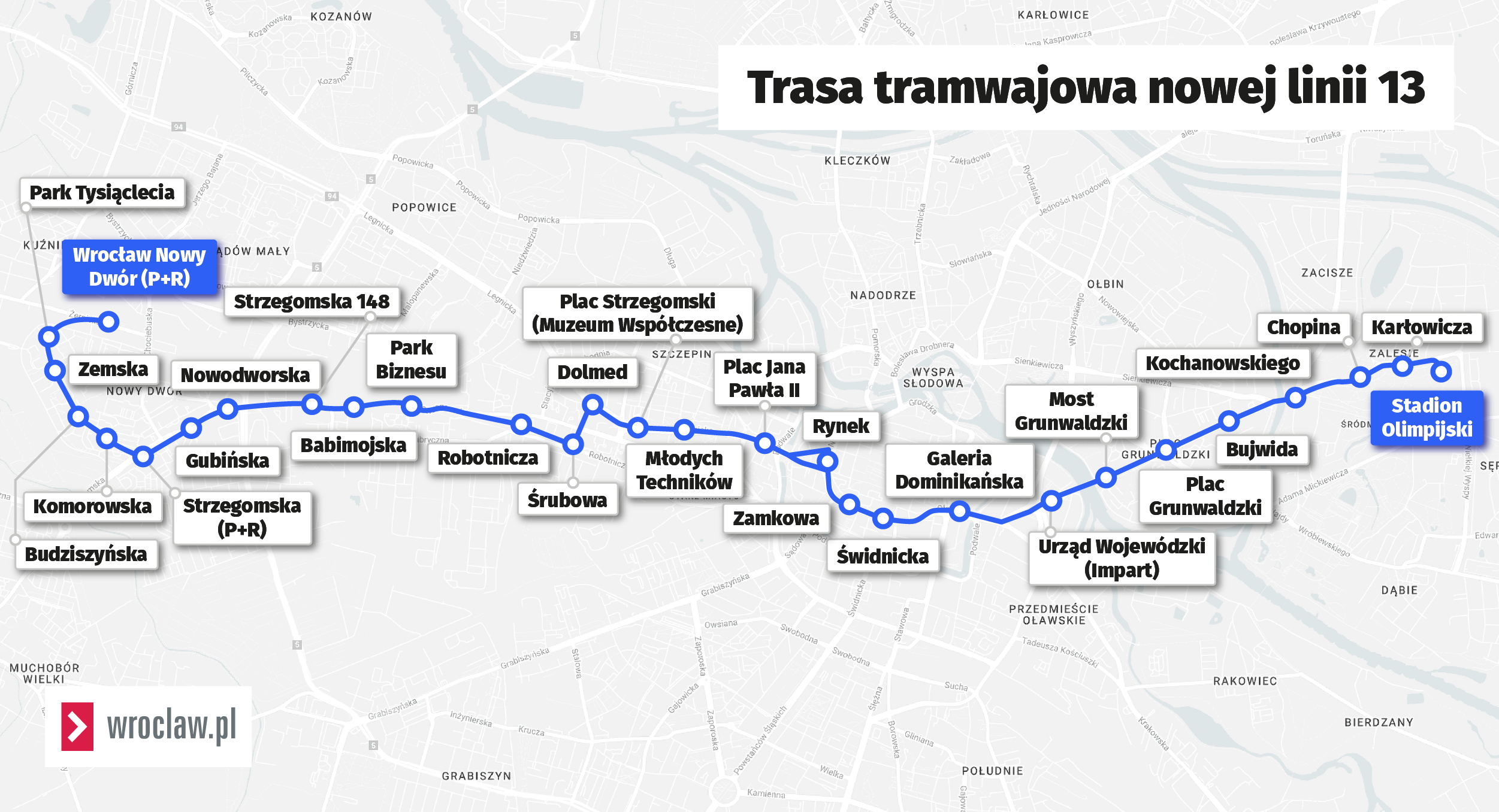 Mapa przedstawia przebieg linii tramwajowej nr 13.