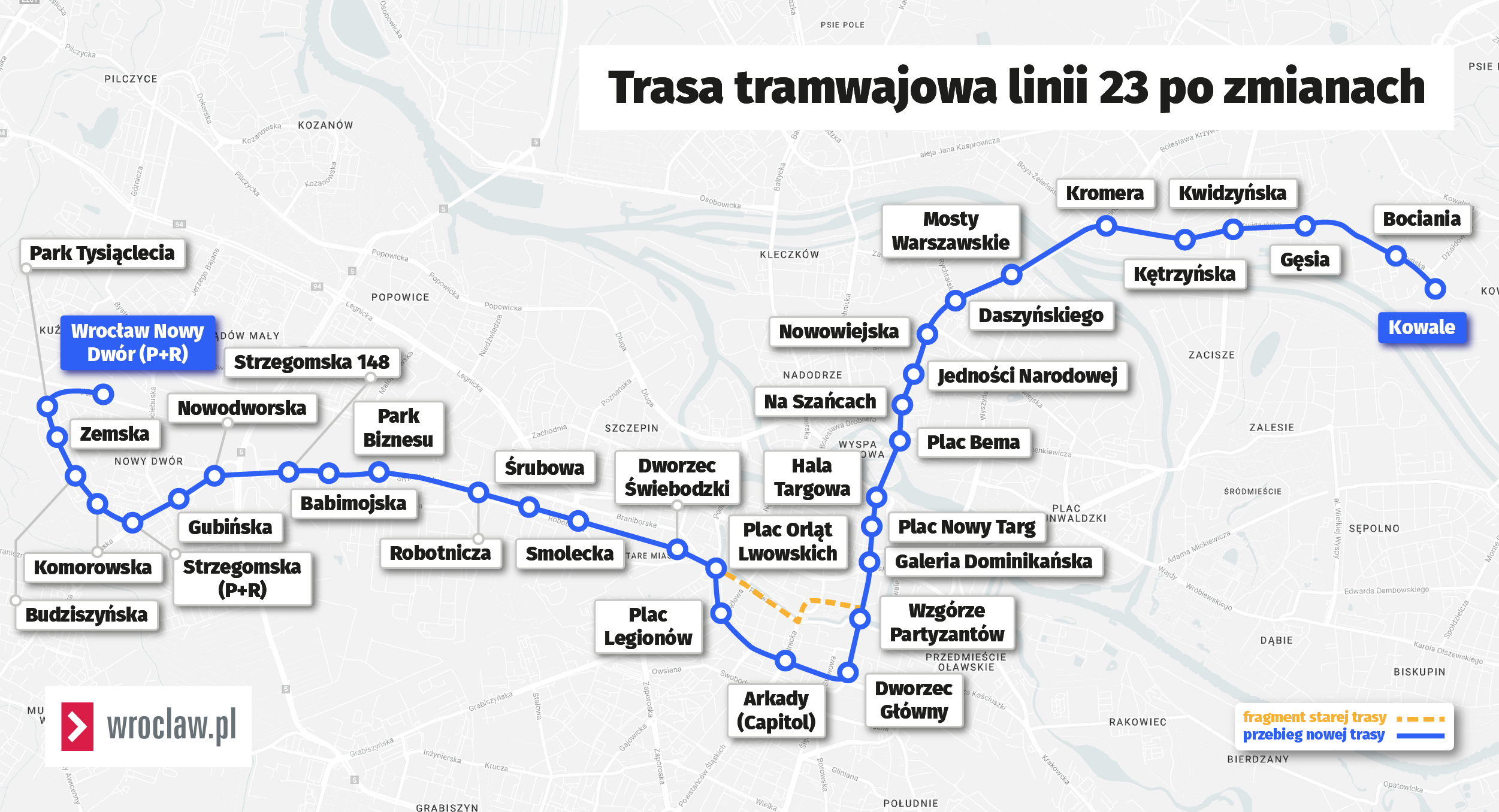 Mapa przedstawia przebieg linii tramwajowej nr 23.