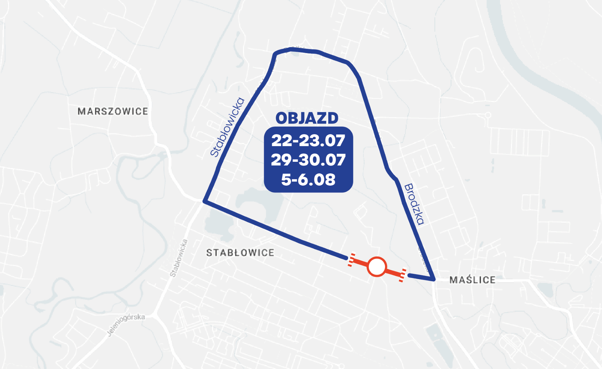 Mapa przedstawia objazd spowodowany remontem przejazdu kolejowego u zbiegu ulic Głównej i Maślickiej.