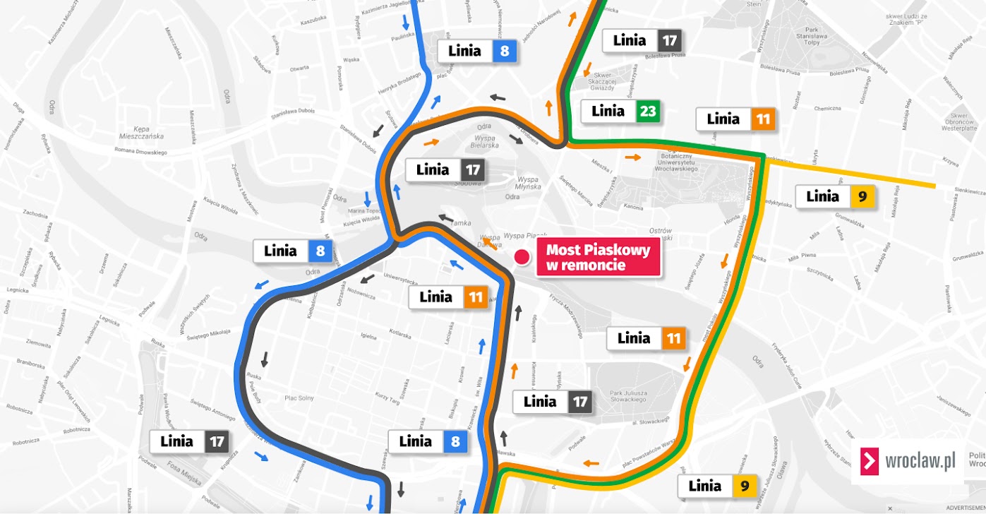Mapa przedstawia trasy objazdów, jakie obowiązują tramwaje od 24 czerwca do 28 lipca.