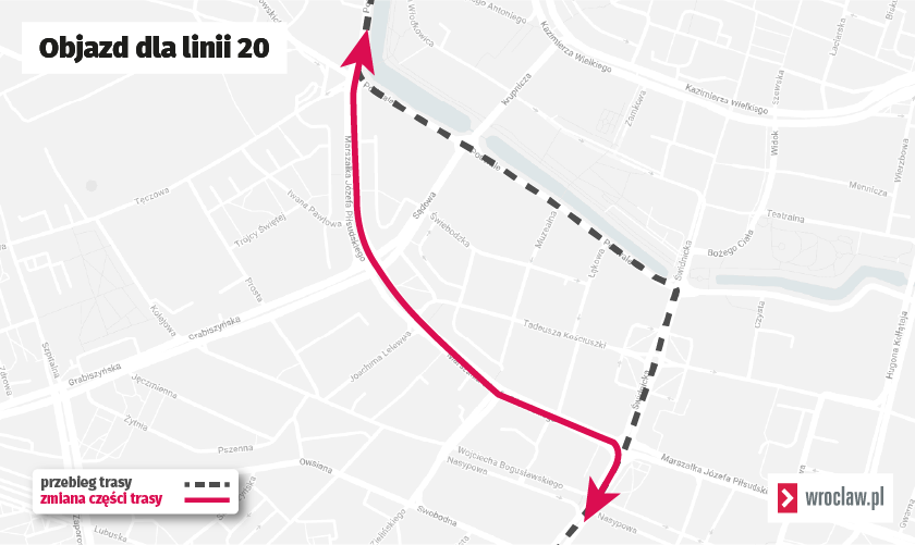<p>"Dwudziestka"&nbsp;w obu kierunkach pojedzie objazdem&nbsp;od Świdnickiej przez ulicę Piłsudskiego, plac Legion&oacute;w do placu Orląt Lwowskich.</p>