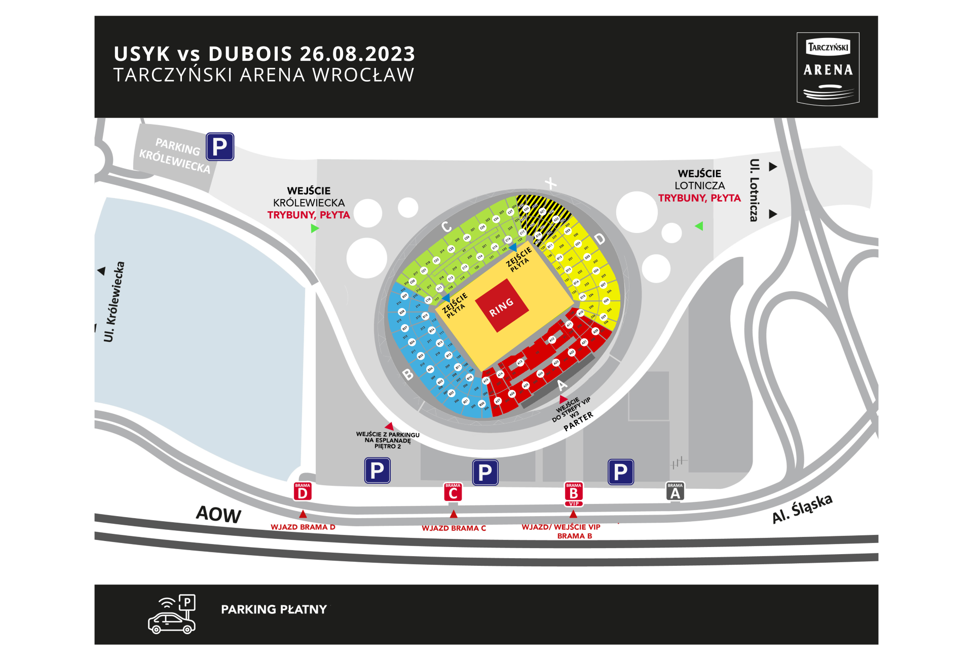 Mapa przedstawia schemat dojazdów do parkingów wewnętrznych oraz wejść na Tarczyński Arena.