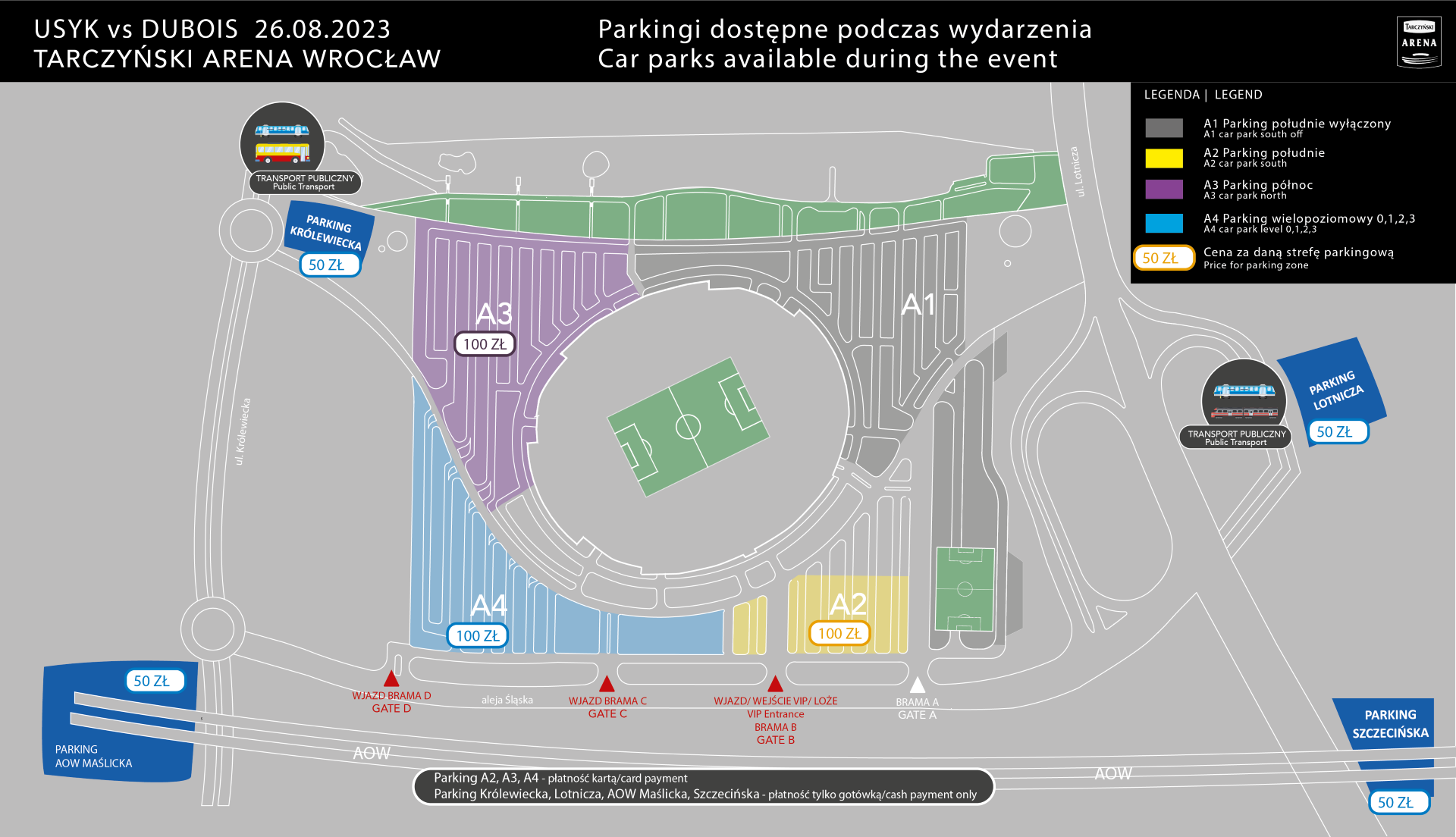 Mapa przedstawia rozmieszczenie parkingów dostępnych przed walką Usyk vs Dubois