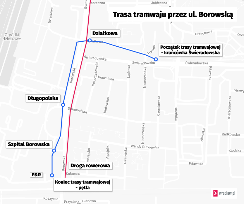 Mapa przedstawia przebieg nowej trasy tramwajowej biegnącej przez ul. Borowską. To założenie, na podstawie którego powstanie koncepcja wraz z decyzją środowiskową.