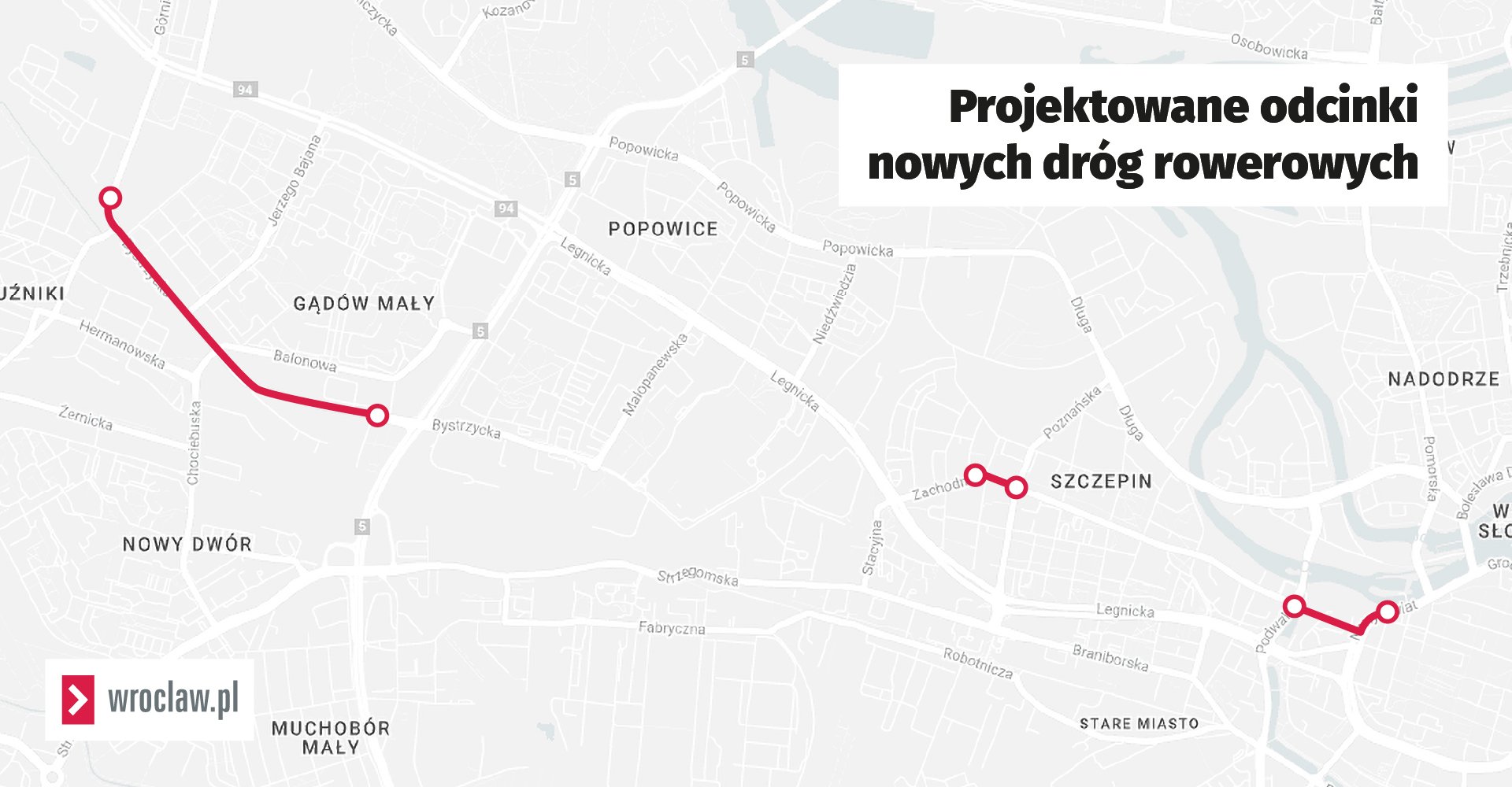 Mapa przedstawia odcinki, na których projekt Wrocławskie Inwestycje ogłosiły przetarg. To fragmenty, które będą współtworzyć zieloną rowerową osi zachodnią.