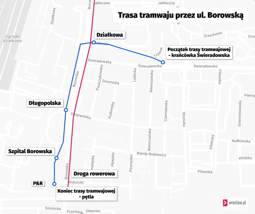 Mapa przedstawia przebieg nowej trasy tramwajowej biegnącej przez ul. Borowską. To założenie, na podstawie którego powstanie koncepcja wraz z decyzją środowiskową.