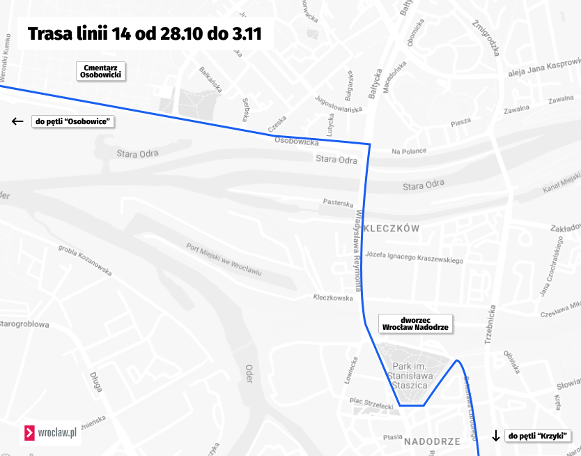 <p>Trasa linii numer 14 w okresie Wszystkich Świętych.</p>