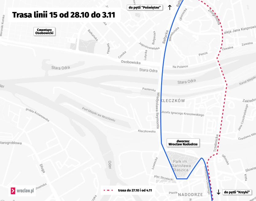 <p>Trasa linii numer 15 w okresie Wszystkich Świętych.</p>