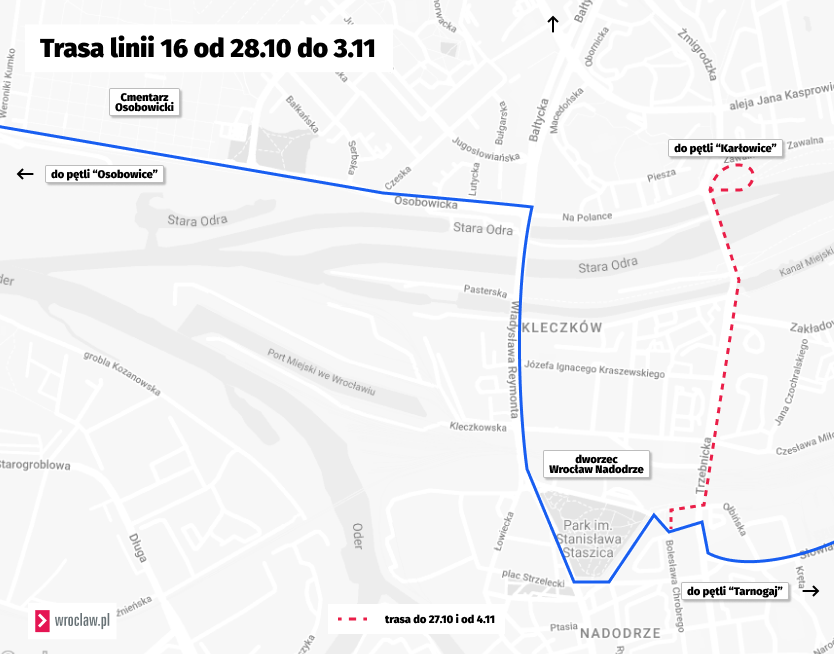 <p>Trasa linii numer 16 w okresie Wszystkich Świętych.</p>