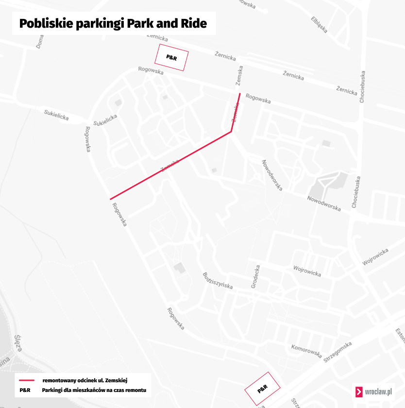 Mapa przedstawia parkingi w okolicy remontowanej ulicy Zemskiej.