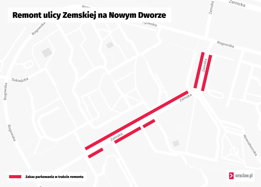 Mapa przedstawiająca miejsca parkingowe przy ulicy Zemskiej, które zostaną zlikwidowane na czas remontu.
