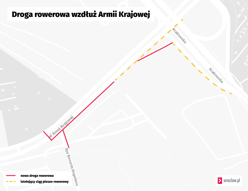Na mapie kolorem czerwonym zaznaczono odcinki drogi rowerowej, którą wykona deweloper.