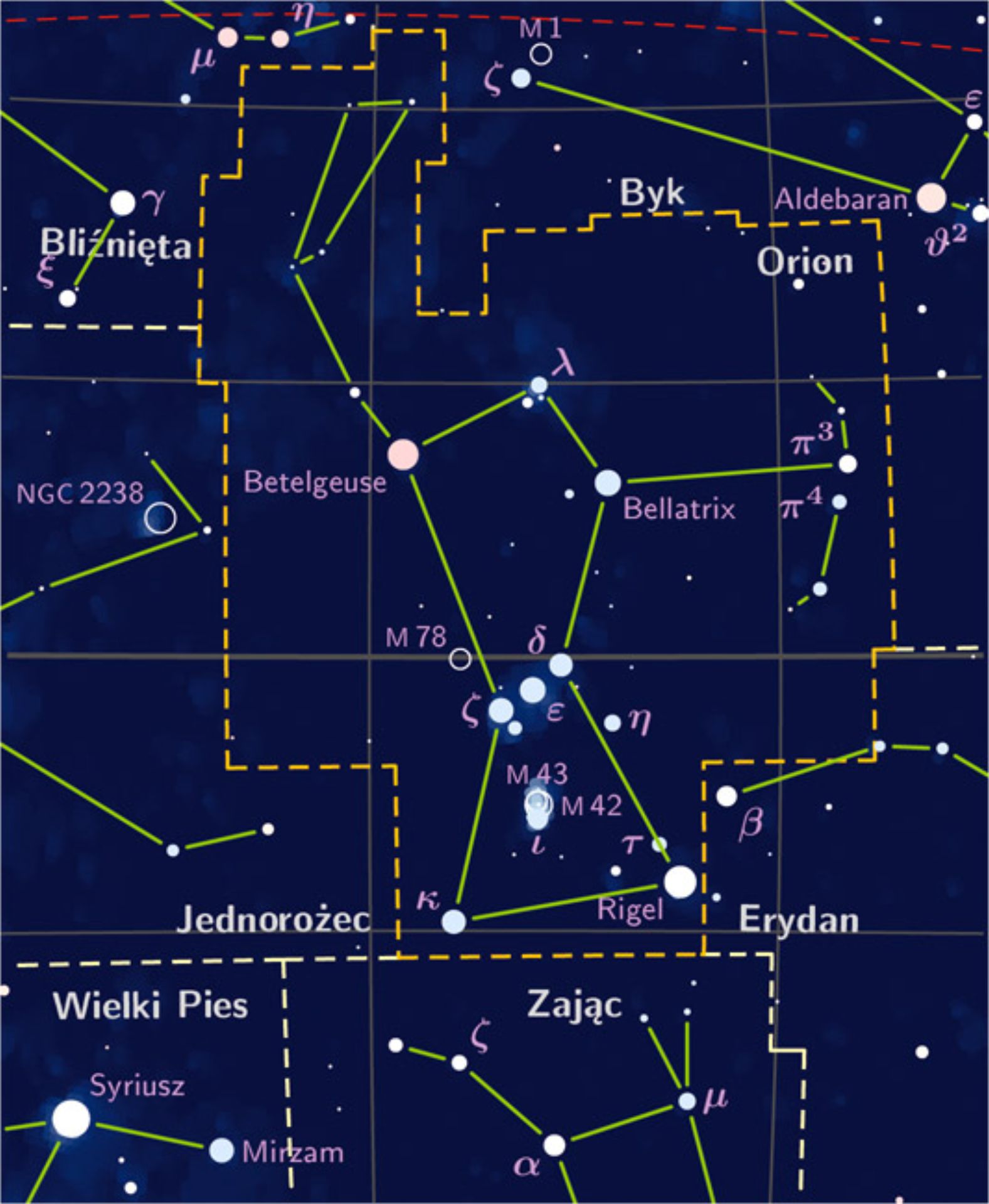 <p>Gwiazdozbi&oacute;r radiantu</p>
<p>Licencja <a href="https://pl.wikipedia.org/wiki/Orionidy#/media/Plik:Orion_constellation_PP3_map_PL.jpg">CC-BY 3.0</a> Wikimedia Commons</p>
