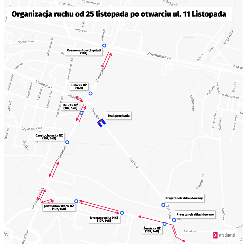 Mapa przedstawia nową organizację ruchu w związku z zamknięciem części ulicy Żernickiej.