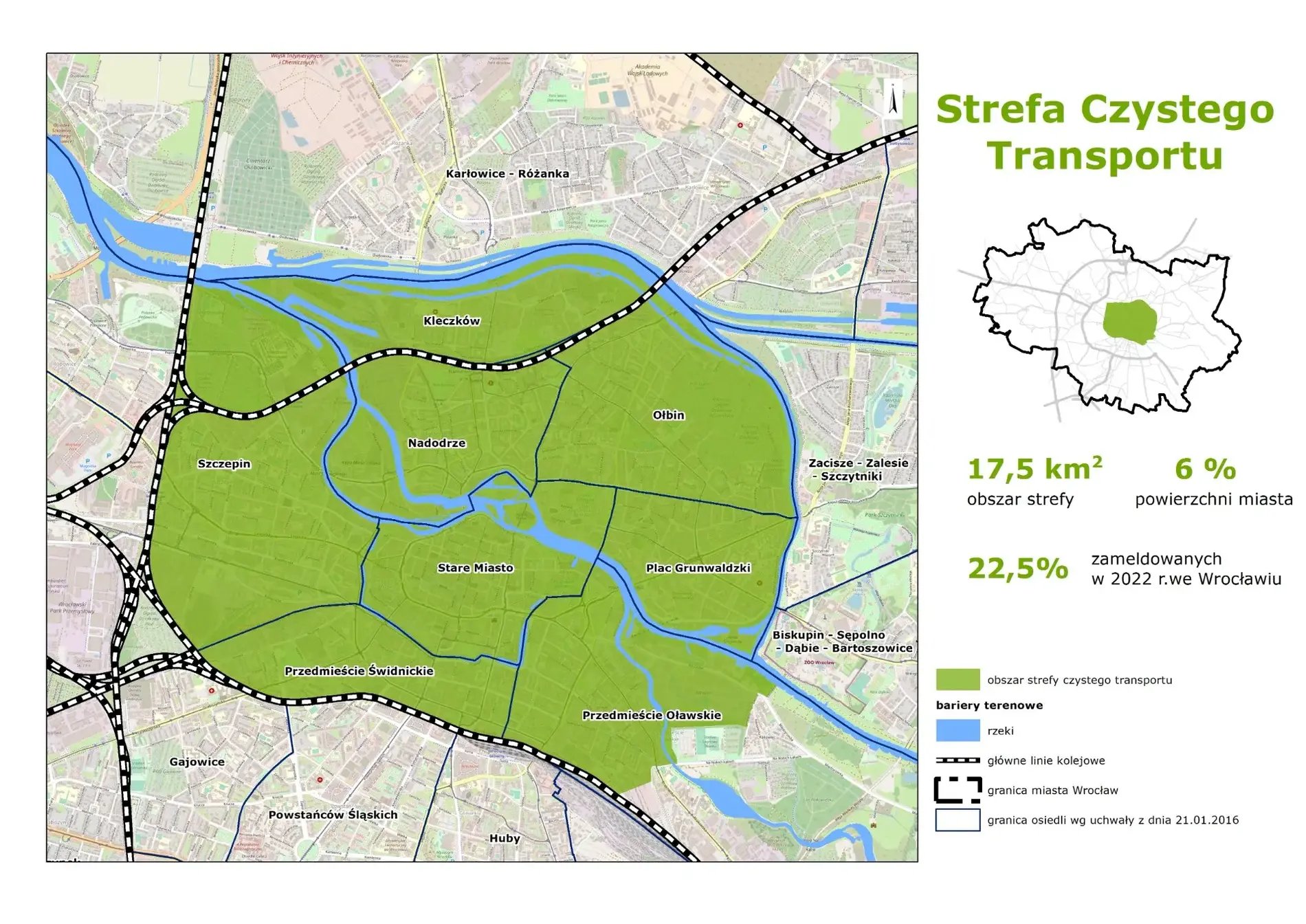Mapa przedstawia obszar Strefy Czystego Transportu we Wrocławiu.