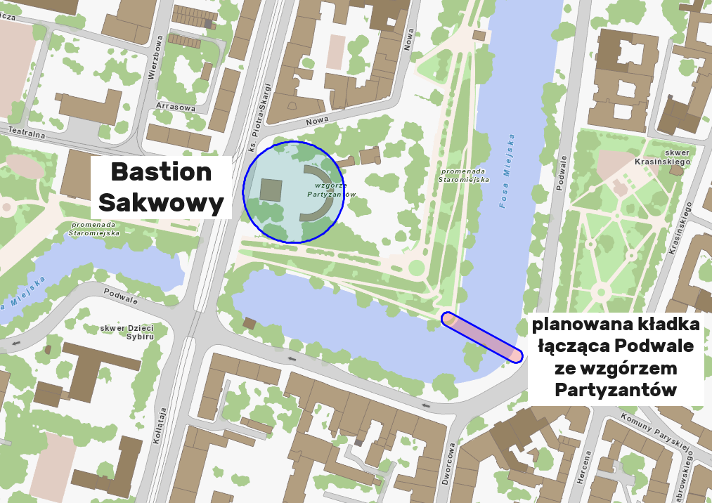 <p>Mapa przedstawiająca usytuowanie Bastionu Sakwowego i planowanej kładaki prowadzącej na wzg&oacute;rze Partyzant&oacute;w.&nbsp;&nbsp;</p>