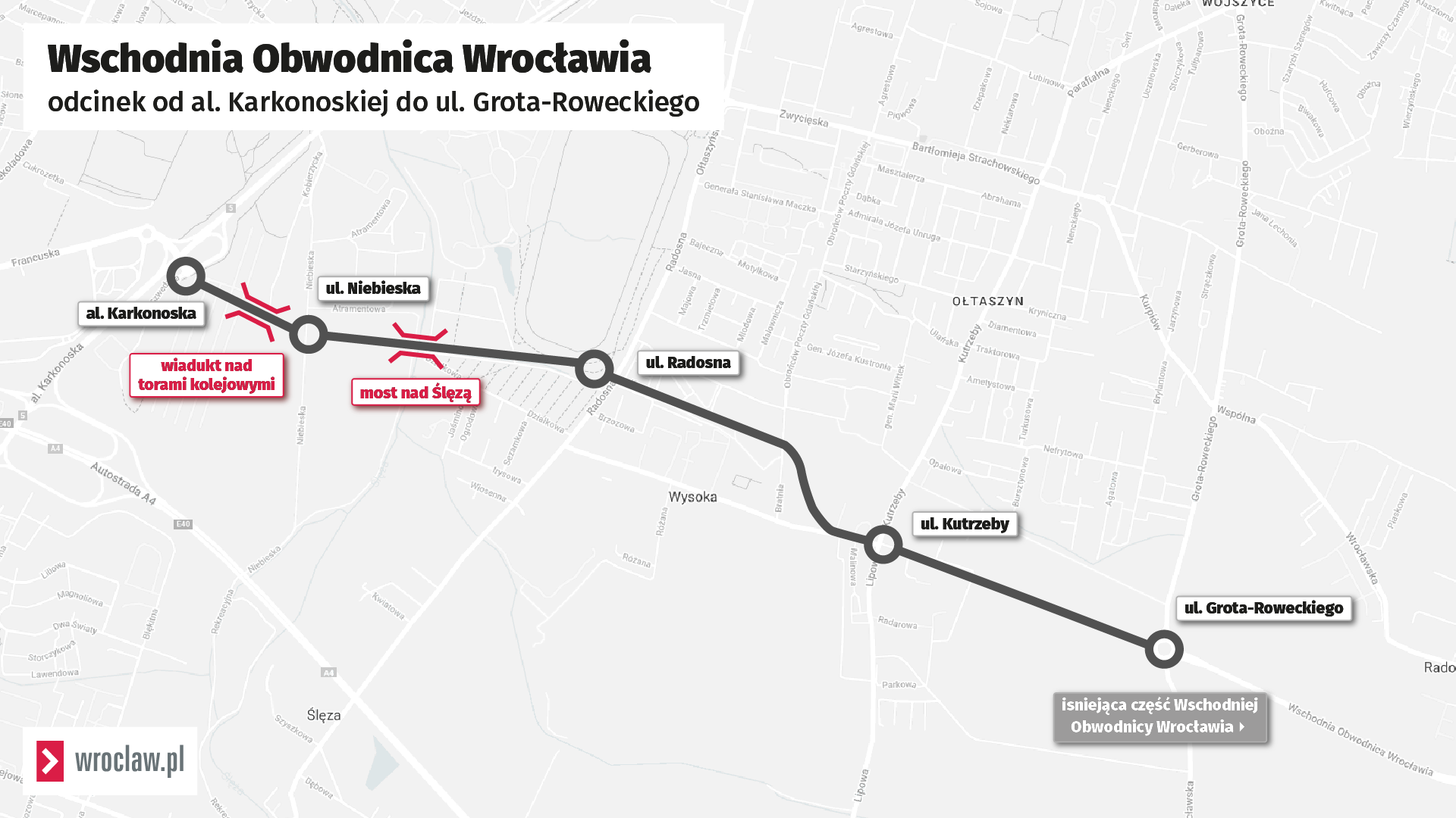 Mapa przedstawia przebieg Wschodniej Obwodnicy Wrocławia od al. Karkonoskiej do ul. Grota-Roweckiego przez Wysoką.
