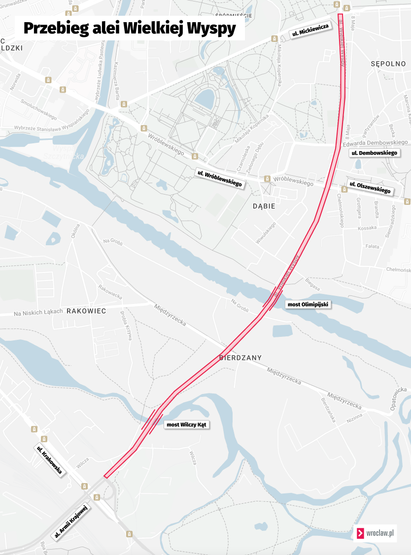 Mapa przedstawia przebieg alei Wielkiej Wyspy.