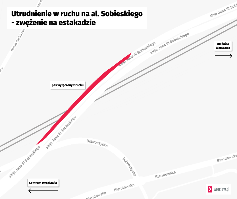 Mapa przedstawia zwężenie jezdni do jednego pasa na estakadzie na al. Sobieskiego.