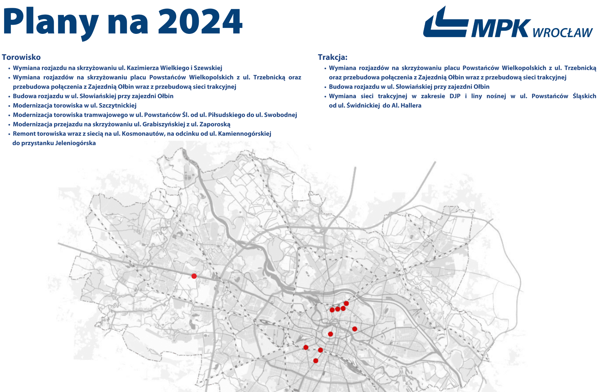 Mapa przedstawiająca remonty planowane przez MPK.