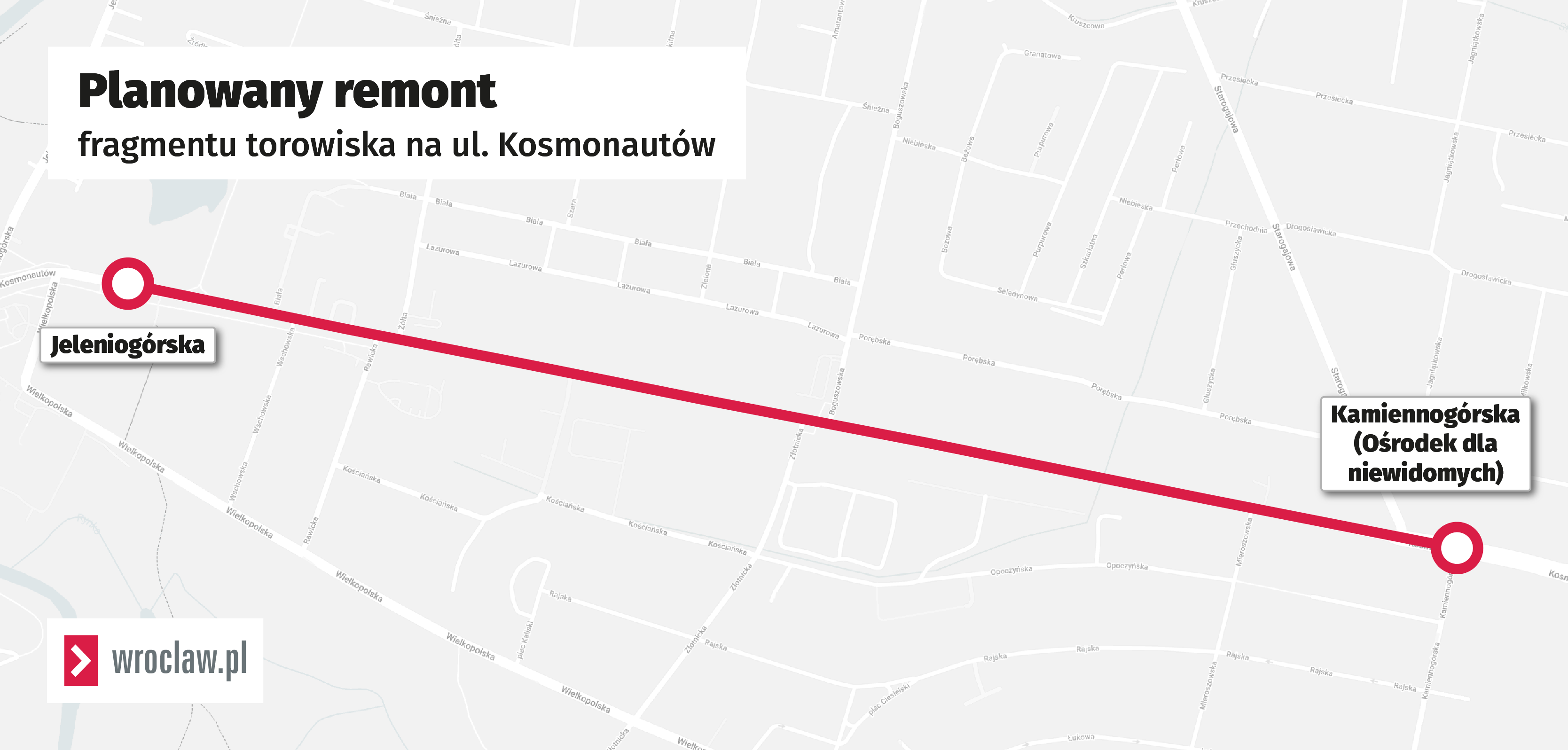 Mapa przedstawia odcinek torowiska przeznaczony do remontu.