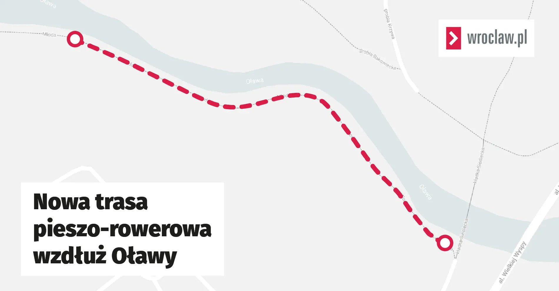 Mapa przedstawia przebieg budowanego właśnie odcinka trasy wzdłuż Oławy.