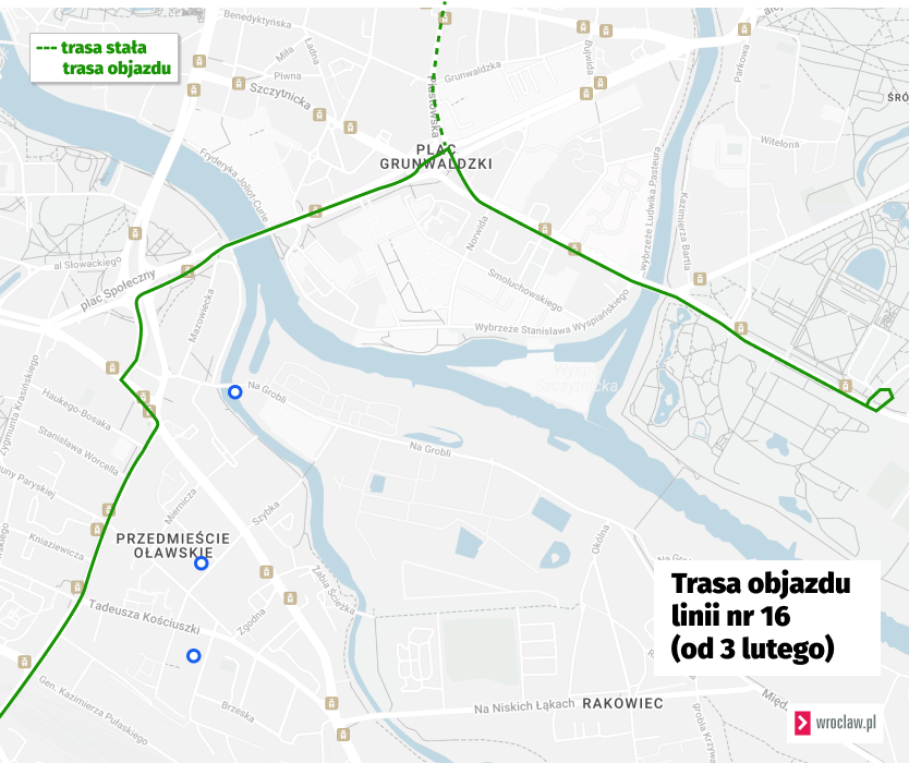 Mapa przedstawia zmienioną trasę tramwaju linii 16.